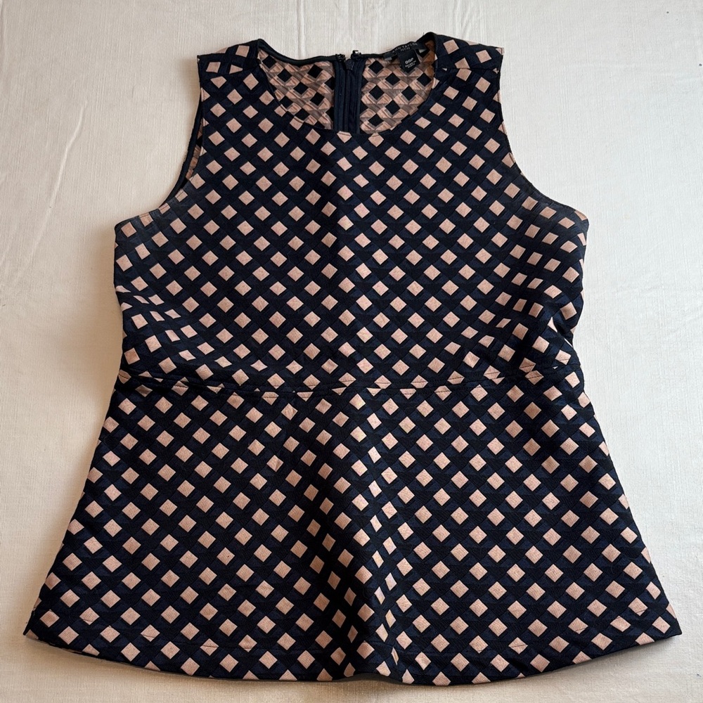 Ann Taylor Petite Navy Black Tan Checkered Sleeveless Peplum Top Size 00P